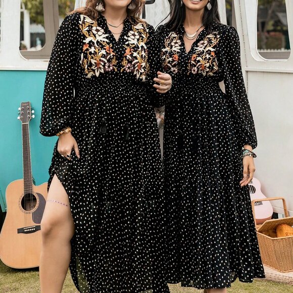 Black Boho Womens Chiffon Polka Dot V-Neck Tie Elegant Dress - Picture 7 of 8